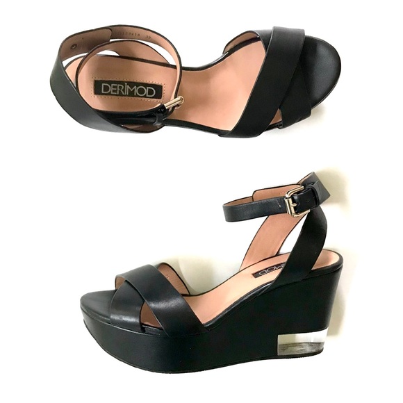Y2K Derimod Goth Punk Black Genuine Leather Platform Wedge Sandals Mary Jane - Picture 1 of 8